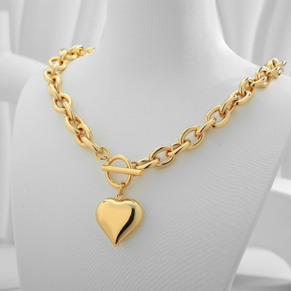 Gold Chunky Chain Necklace Women Puffy Heart Pendant Brass 19 Inch - Picture 3 of 8
